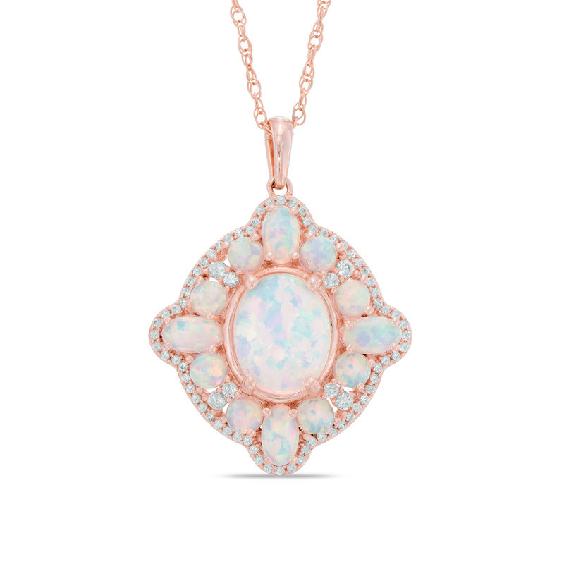 Oval Lab-Created Opal and White Sapphire Frame Pendant in Sterling Silver with 14K Rose Gold Plate