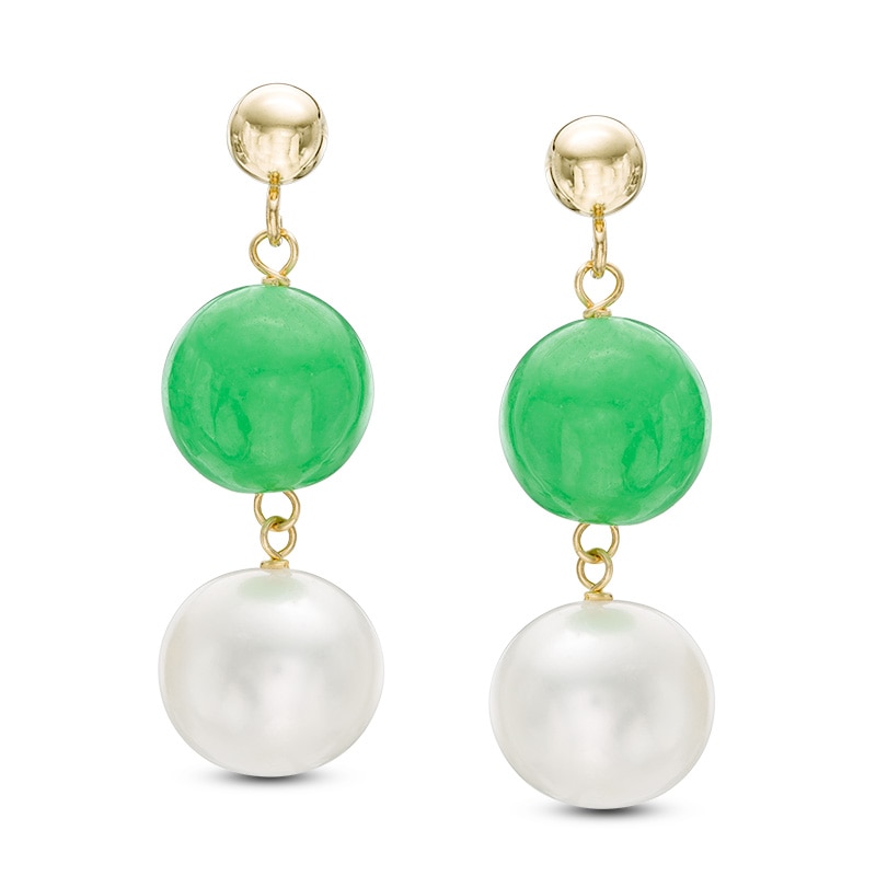 7.5-8.5mm Freshwater Cultured Pearl and Dyed Green Jade Drop Earrings in 14K Gold
