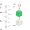 Thumbnail Image 1 of 7.5-8.5mm Freshwater Cultured Pearl and Dyed Green Jade Drop Earrings in 14K Gold