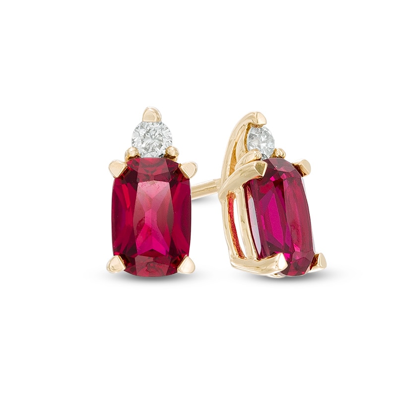 Main Image 1 of Cushion-Cut Lab-Created Ruby and Diamond Accent Stud Earrings in 10K Gold