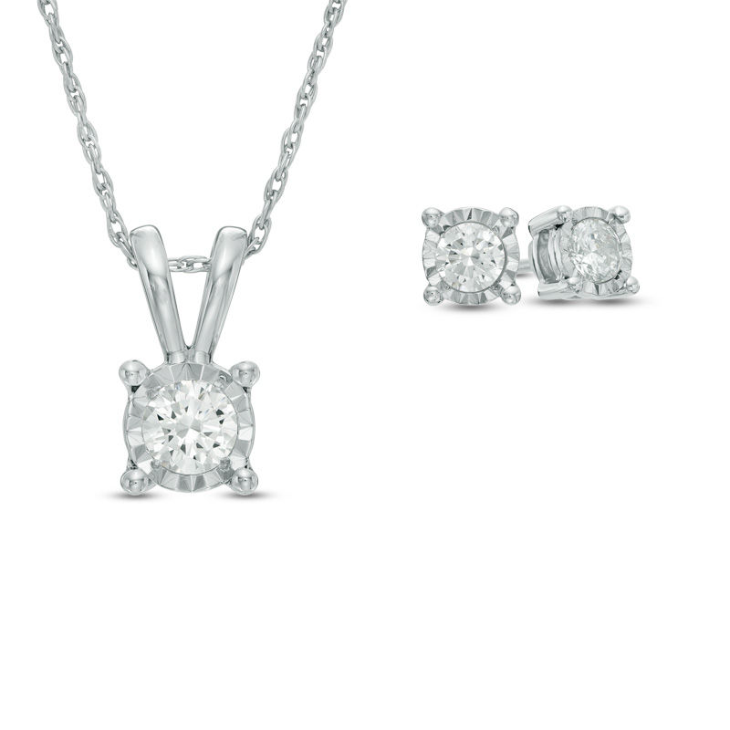 Main Image 1 of 1 CT. T.W. Diamond Solitaire Pendant and Earrings Set in 10K White Gold