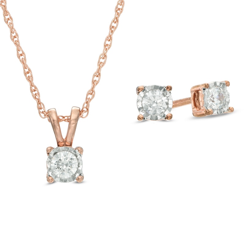 Main Image 1 of 1/4 CT. T.W. Diamond Solitaire Pendant and Earrings Set in 10K Rose Gold