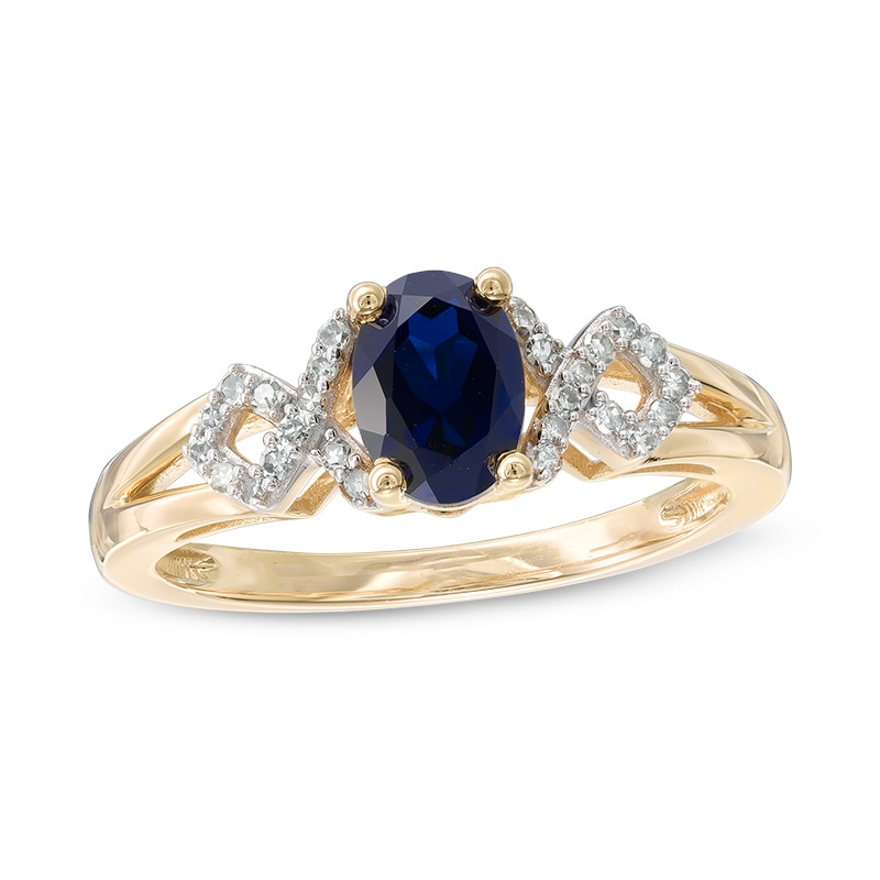 Oval Lab-Created Blue and White Sapphire Twist Ring in 10K Gold