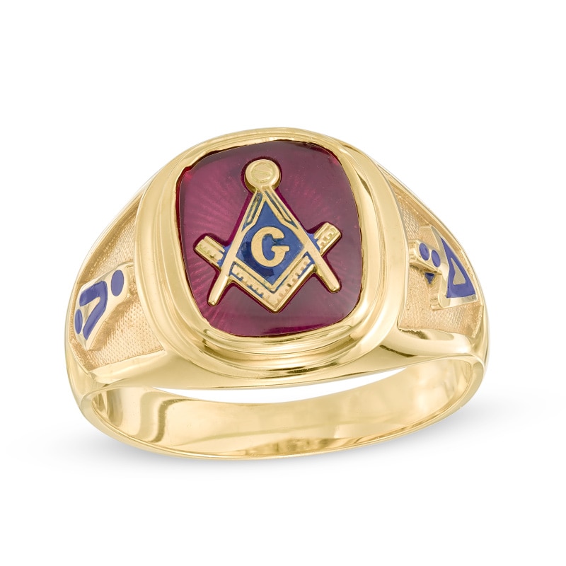 Men's Cushion-Cut Red Spinel and Enamel Comfort Fit Masonic Ring in 10K Gold