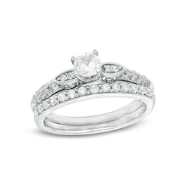 4.0mm Lab-Created White Sapphire and 1/5 CT. T.W. Diamond Bridal Set in 10K White Gold