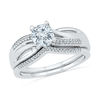 Thumbnail Image 1 of 6.0mm Lab-Created White Sapphire and 1/10 CT. T.W. Diamond Slant Bridal Set in Sterling Silver