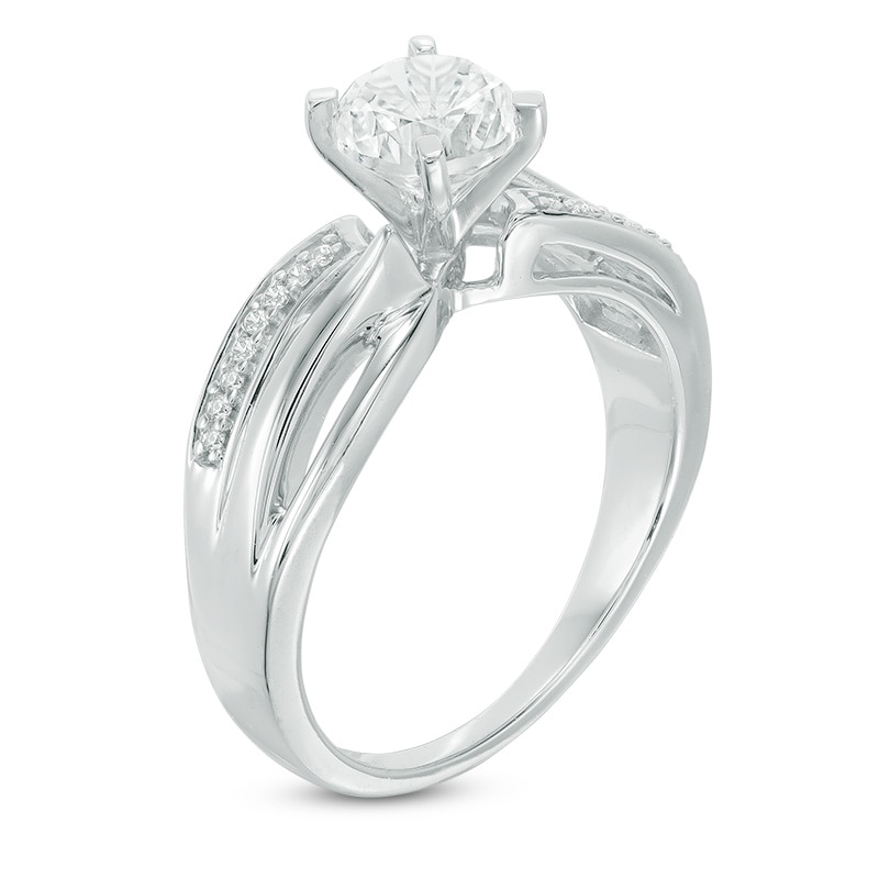 Main Image 2 of 6.0mm Lab-Created White Sapphire and 1/10 CT. T.W. Diamond Slant Bridal Set in Sterling Silver