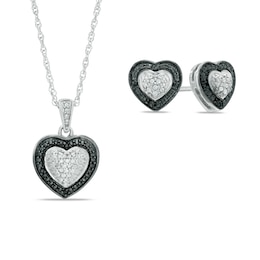 1/15 CT. T.W. Enhanced Black and White Diamond Heart-Shaped Pendant and Stud Earrings Set in Sterling Silver