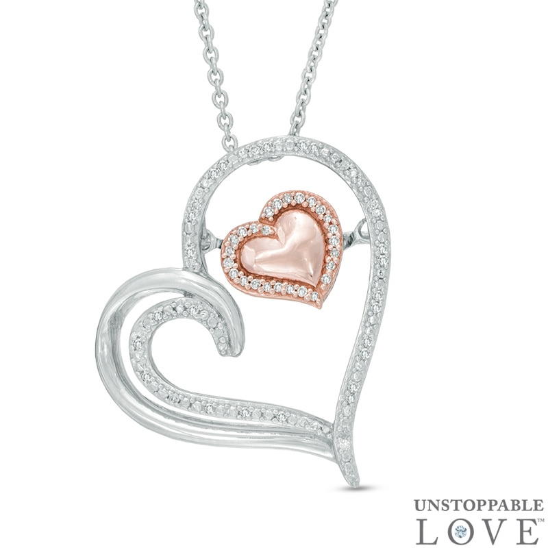 1/10 CT. T.W. Tilted Heart in Heart Pendant in Sterling Silver and 10K Rose Gold