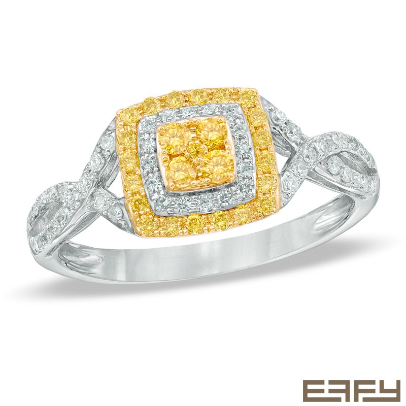 Main Image 1 of EFFY™ Collection 3/8 CT. T.W. Yellow and White Diamond Double Square Frame Ring in 14K White Gold