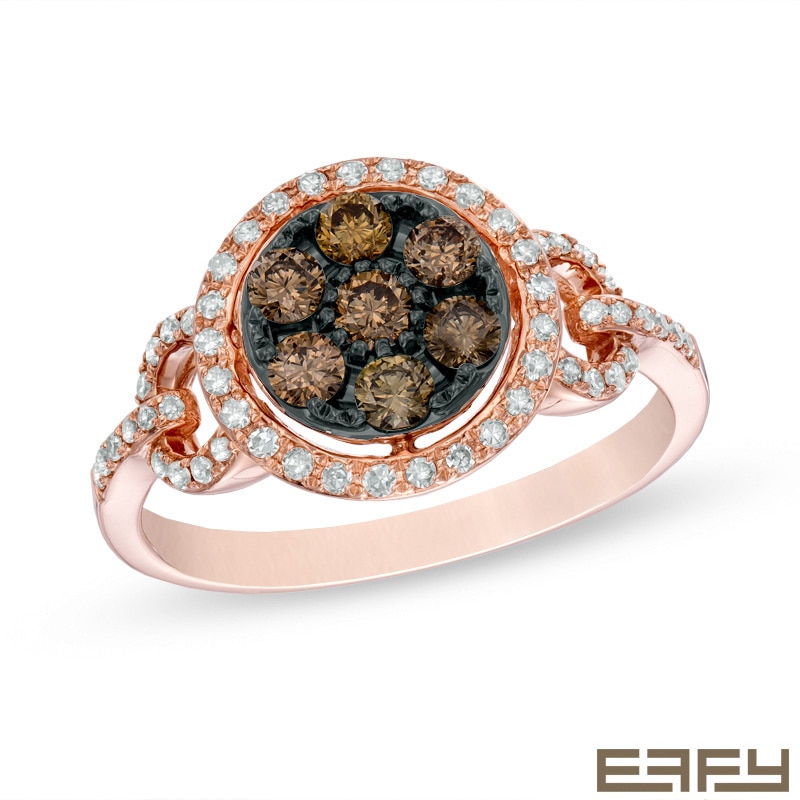 Main Image 1 of EFFY™ Collection 5/8 CT. T.W. Champagne and White Diamond Cluster Frame Ring in 14K Rose Gold