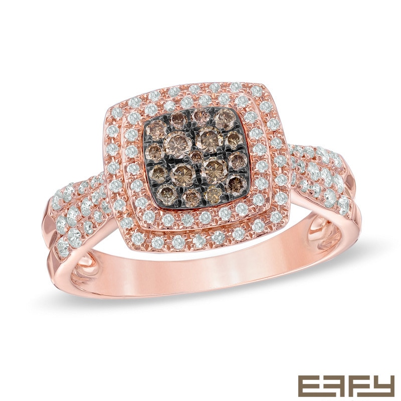 EFFY™ Collection 1/2 CT. T.W. Champagne and White Diamond Double Square Frame Ring in 14K Rose Gold