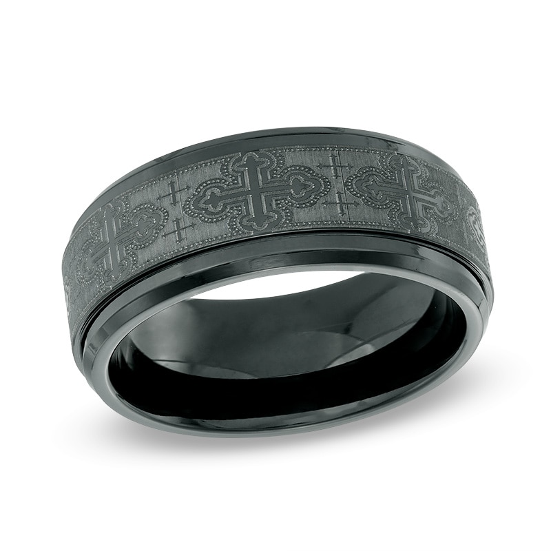 Men's 9.0mm Scrolled Cross Pattern Comfort Fit Black Titanium Wedding Band - Size 10