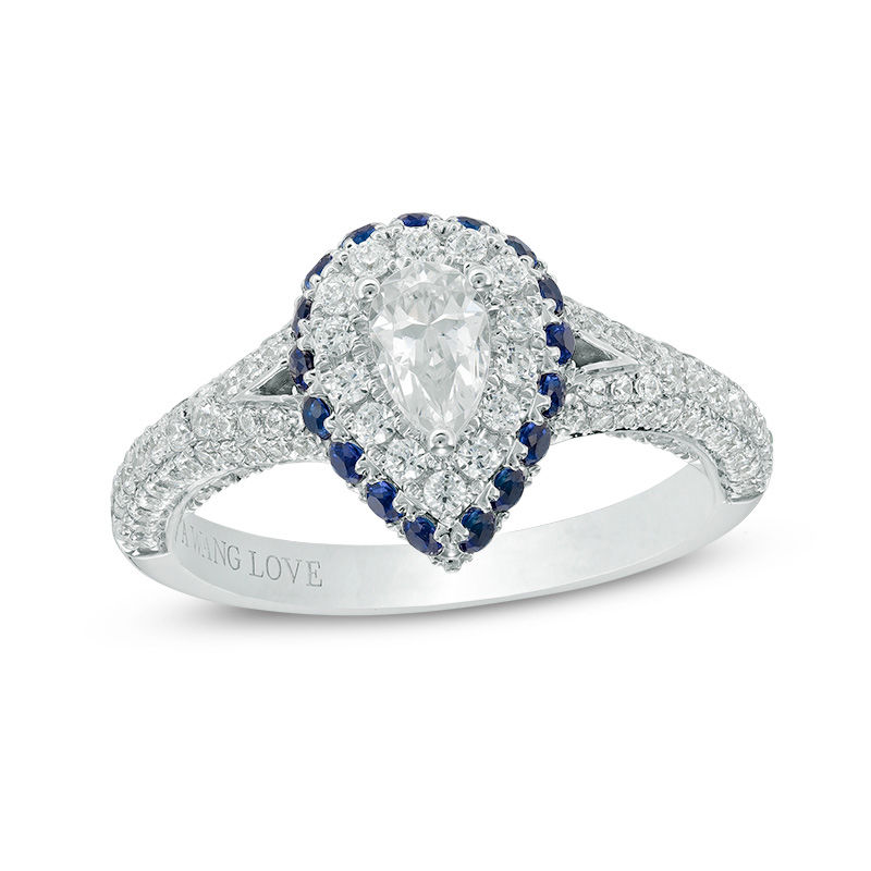 Vera Wang Love Collection 1 1 4 CT. T.W. Pear Shaped Diamond and Blue Sapphire Frame Engagement Ring in 14K White Gold Zales Outlet