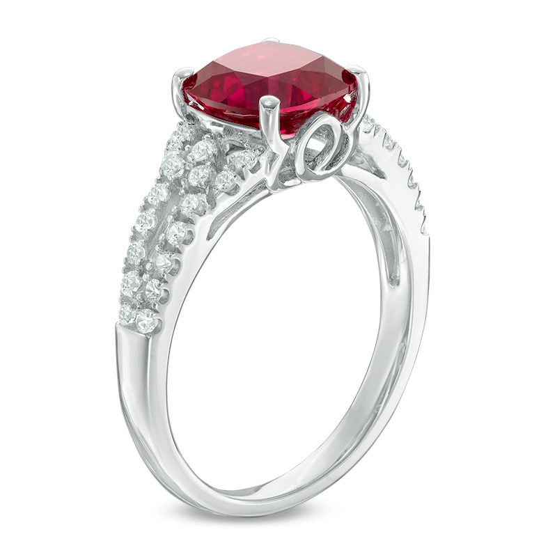 8.0mm Cushion-Cut Lab-Created Ruby and White Sapphire Split Shank Ring ...