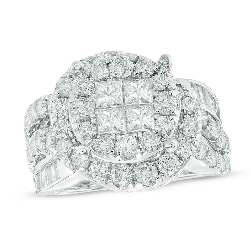 3 CT. T.W. Quad Princess-Cut Diamond Round Frame Swirl Ring in 14K White Gold