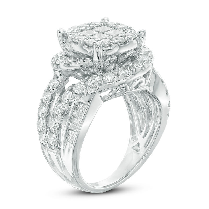 3 CT. T.W. Quad Princess-Cut Diamond Round Frame Swirl Ring in 14K White  Gold