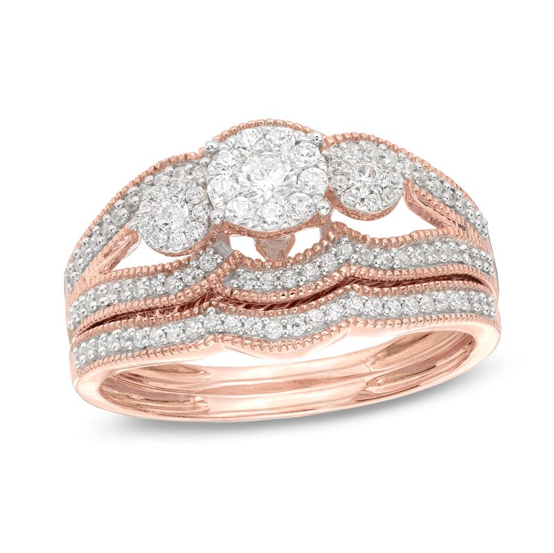 Main Image 1 of 1/2 CT. T.W. Composite Diamond Three Stone Vintage-Style Bridal Set in 10K Rose Gold