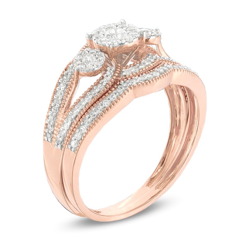 Main Image 2 of 1/2 CT. T.W. Composite Diamond Three Stone Vintage-Style Bridal Set in 10K Rose Gold