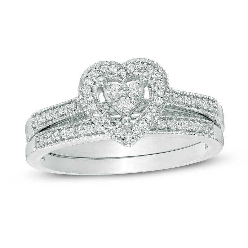 Main Image 1 of 1/5 CT. T.W. Diamond Composite Heart Frame Bridal Set in Sterling Silver