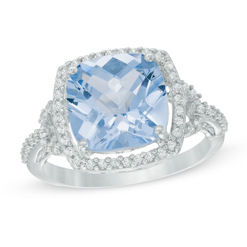 10.0mm Cushion-Cut Lab-Created Blue Spinel and White Sapphire Buckle Frame Ring in Sterling Silver