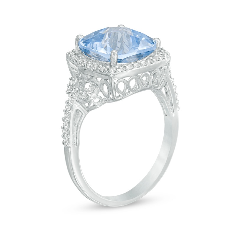 10.0mm Cushion-Cut Lab-Created Blue Spinel and White Sapphire Buckle Frame Ring in Sterling Silver