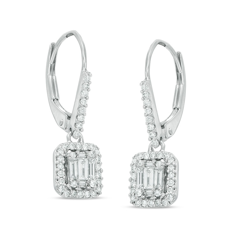 Main Image 1 of 1/2 CT. T.W. Round and Baguette-Cut Multi-Diamond Rectangular Frame Drop Earrings in 14K White Gold