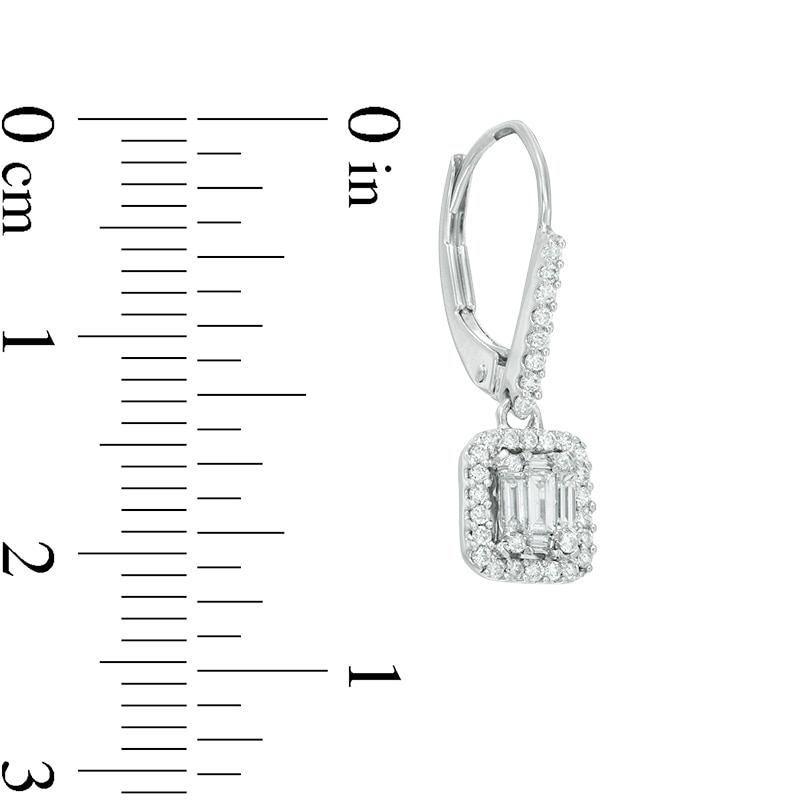 Main Image 2 of 1/2 CT. T.W. Round and Baguette-Cut Multi-Diamond Rectangular Frame Drop Earrings in 14K White Gold