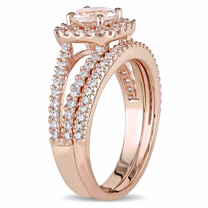 Main Image 2 of 6.0mm Morganite and 5/8 CT. T.W. Diamond Square Frame Split Shank Bridal Set in 14K Rose Gold