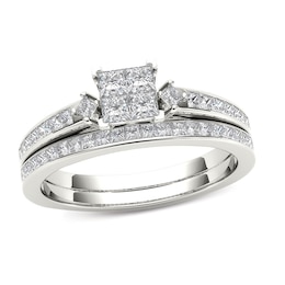 1 CT. T.W. Quad Princess-Cut Multi-Diamond Bridal Set in 14K White Gold