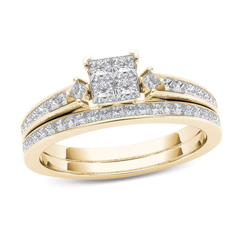 1 CT. T.W. Quad Princess-Cut Multi-Diamond Bridal Set in 14K Gold ...