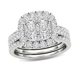 2 CT. T.W. Multi-Diamond Cushion Frame Bridal Set in 14K White Gold