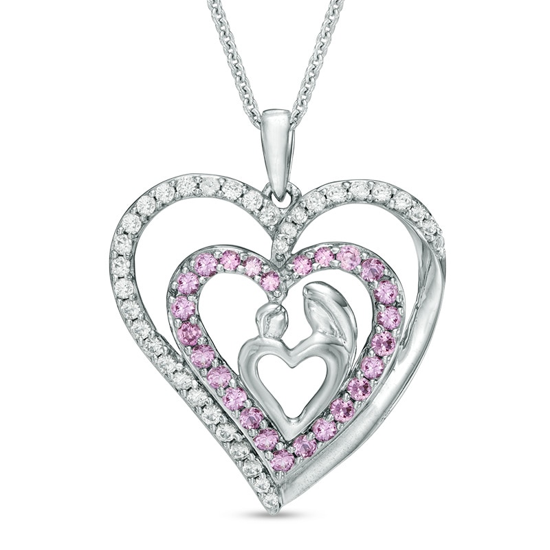 Main Image 1 of Lab-Created Pink and White Sapphire Double Heart Motherly Love Pendant in Sterling Silver