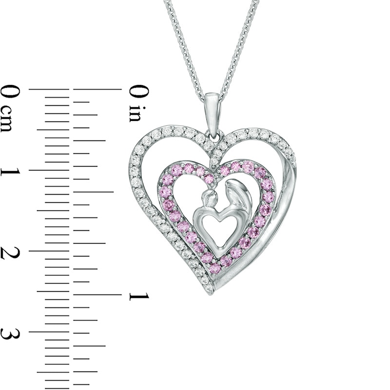 Main Image 2 of Lab-Created Pink and White Sapphire Double Heart Motherly Love Pendant in Sterling Silver