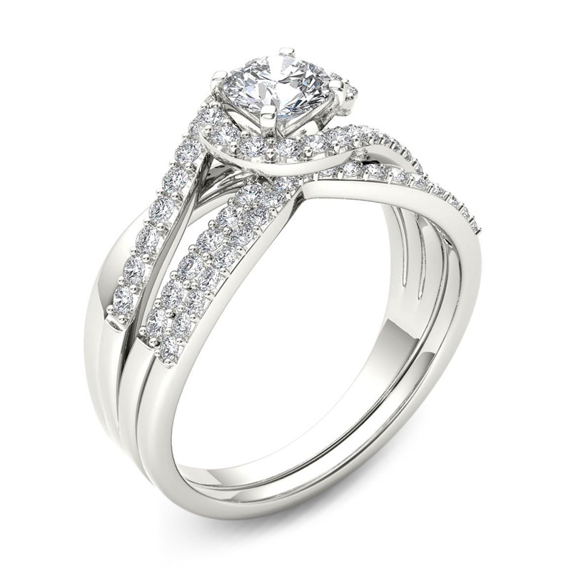 14K White Gold Diamond Swirl Engagement Ring & Band Bridal Set