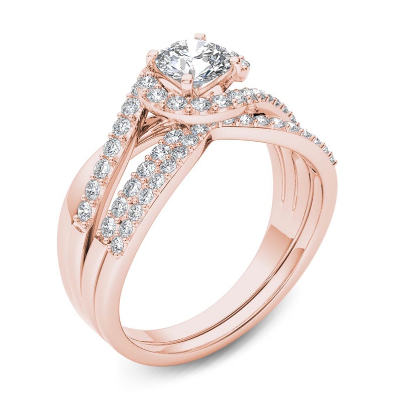 Main Image 2 of 1 CT. T.W. Diamond Swirl Bypass Bridal Set in 14K Rose Gold