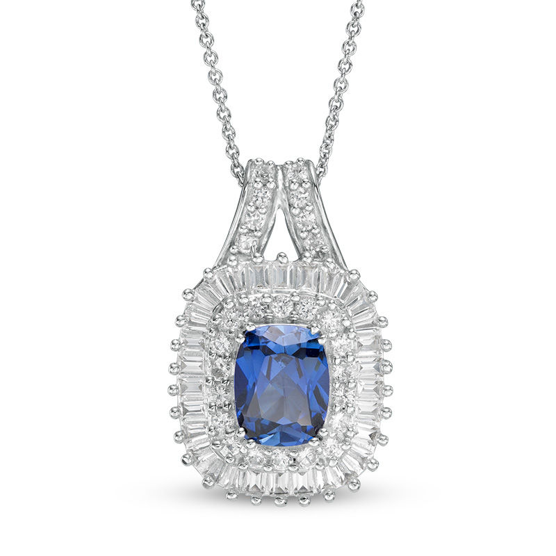Cushion-Cut Lab-Created Blue and White Sapphire Double Frame Pendant in Sterling Silver