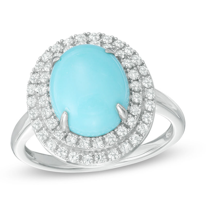 Oval Turquoise and Lab-Created White Sapphire Double Frame Ring in Sterling Silver