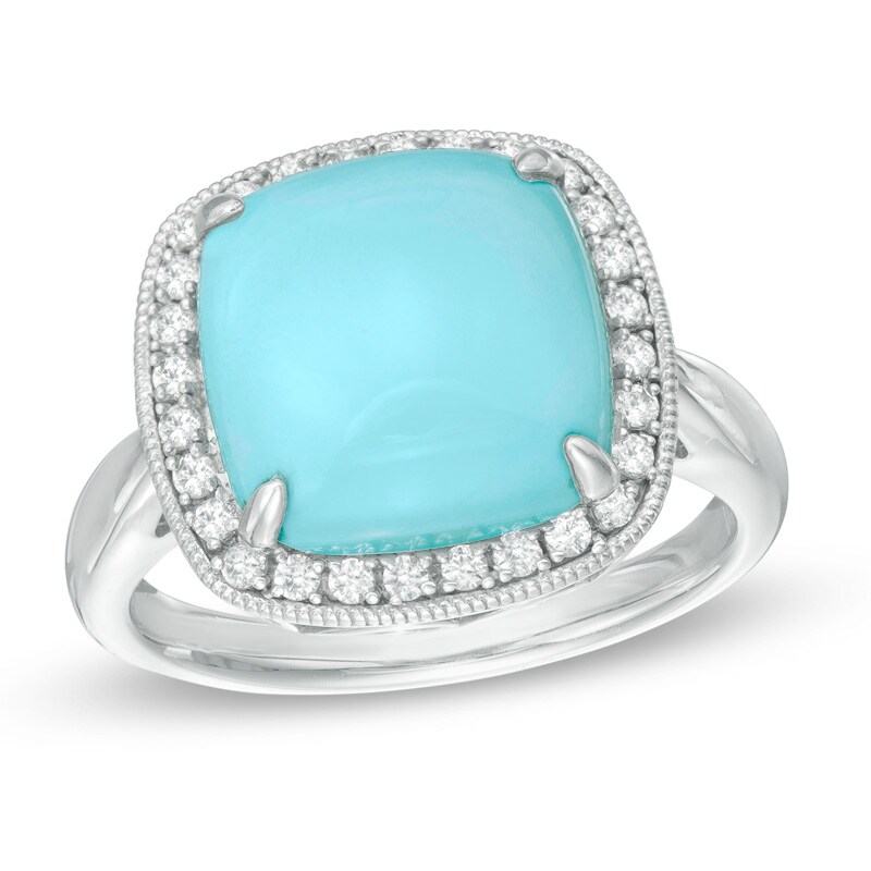 Main Image 1 of 11.0mm Cushion-Cut Turquoise and Lab-Created White Sapphire Frame Ring in Sterling Silver