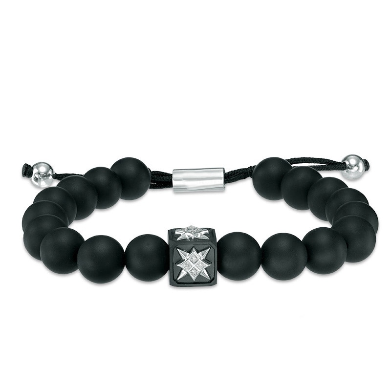 Main Image 1 of Men's 10.0mm Onyx Bead and Diamond Accent Compass Star Bolo Bracelet in Sterling Silver - 10.5&quot;