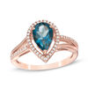 Thumbnail Image 1 of Pear-Shaped London Blue Topaz and Lab-Created White Sapphire Frame Split Shank Ring in 10K Rose Gold