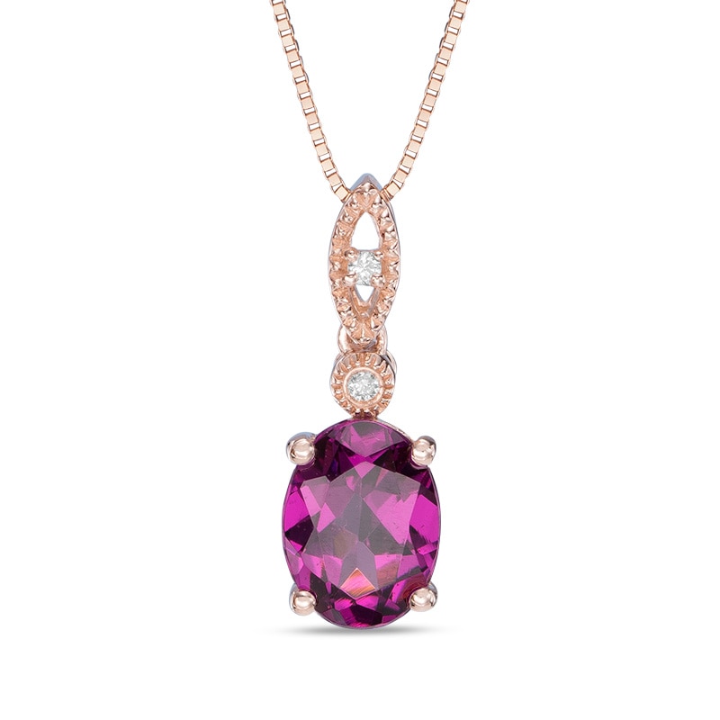 Oval Rhodolite Garnet and Diamond Accent Vintage-Style Pendant in 10K Rose Gold