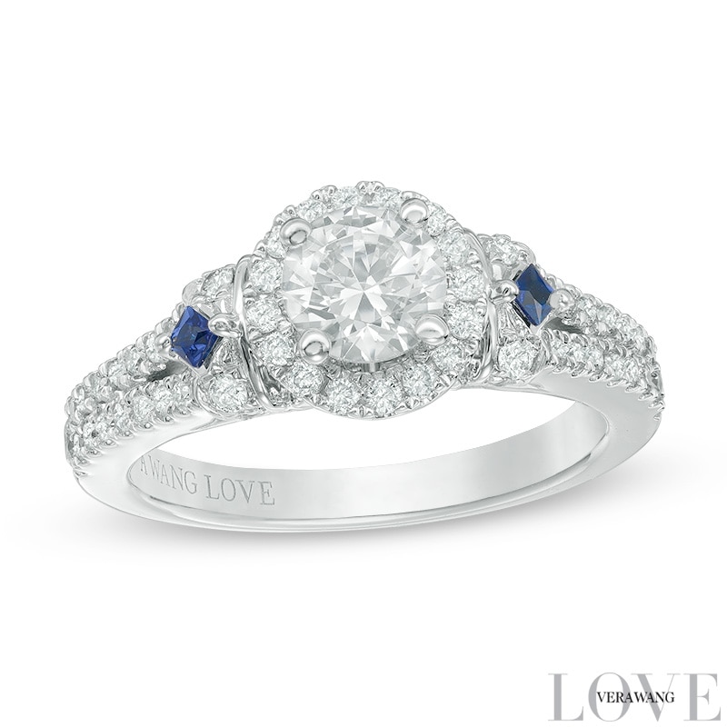 Vera Wang Love Collection 1-1/4 CT. T.W. Diamond and Blue Sapphire Frame Engagement Ring in 14K White Gold
