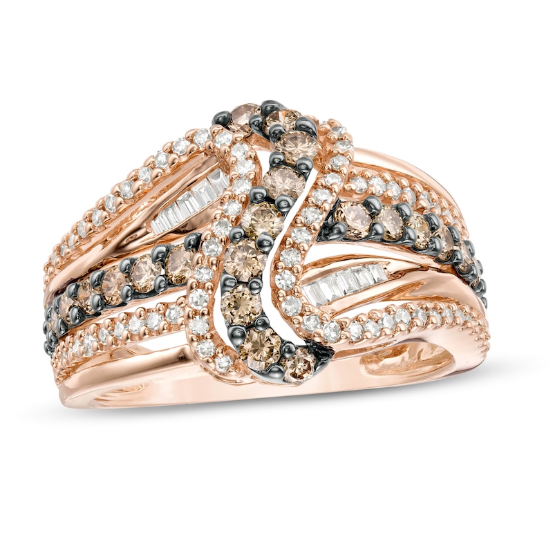 Main Image 1 of 1 CT. T.W. Champagne and White Diamond Multi-Row Crossover Ring in 10K Rose Gold