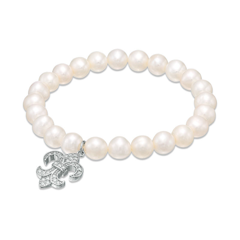 7.0-8.0mm Freshwater Cultured Pearl and Cubic Zirconia Fleur-de-Lis Charm Stretch Bracelet in Sterling Silver