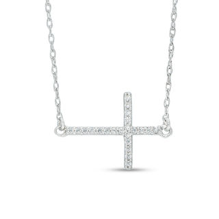 1/10 CT. T.W. Diamond Sideways Curved Cross Necklace in 10K White