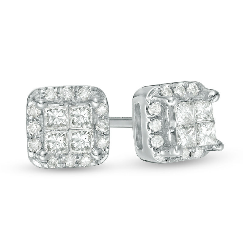 1/4 CT. T.W. Quad Princess-Cut Diamond Frame Stud Earrings in 10K White ...