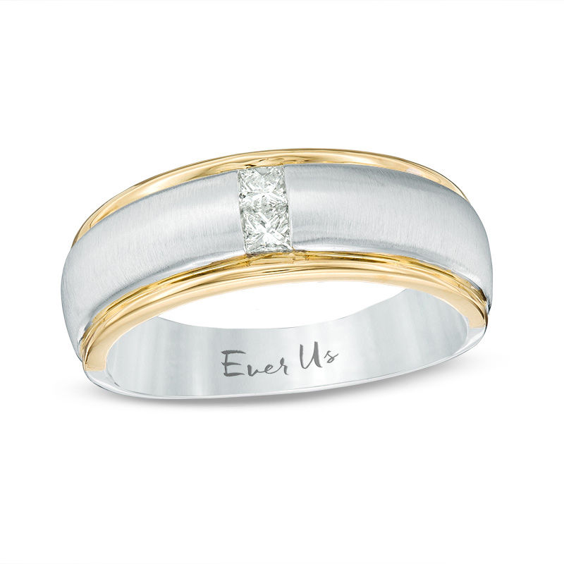 Ever Us® Men's 1/5 CT. T.W. Two Stone Square-Cut Diamond Satin Band in 14K Two-Tone Gold