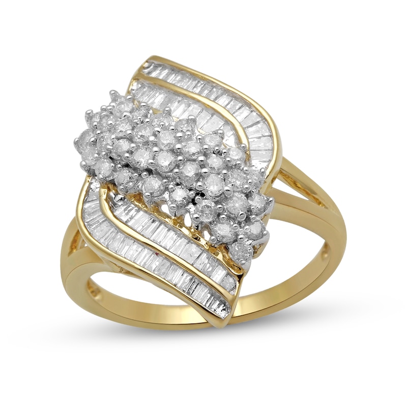 1 CT. T.W. Baguette and Round Diamond Multi-Row Split Shank Ring in 10K Gold
