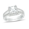 Thumbnail Image 1 of 6.0mm Princess-Cut Lab-Created White Sapphire and 1/4 CT. T.W. Diamond Frame Split Shank Bridal Set in 10K White Gold